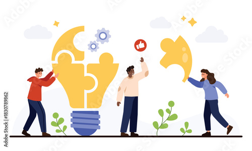 People assembling puzzle pieces to form a light bulb, representing teamwork, creative ideas, and problem solving in business or education, isolated on white background vector illustration