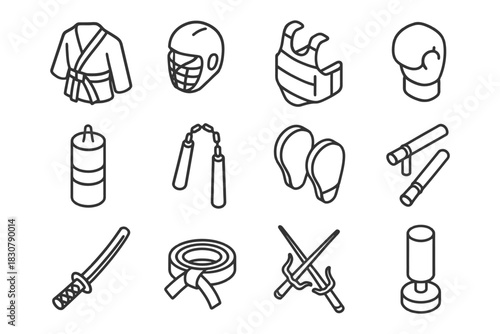 Martial arts equipment icons - japanese weapons, protective gear, training tools.