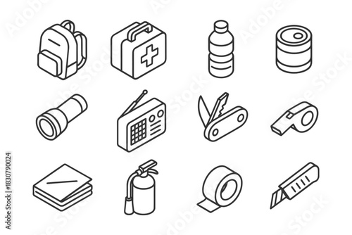 Emergency survival kit essentials icons: backpack, first aid, water bottle, canned food, tools.