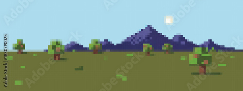 Pixel art nature landscape with a green meadow, scattered trees, and majestic purple mountains under a blue sky with fluffy clouds