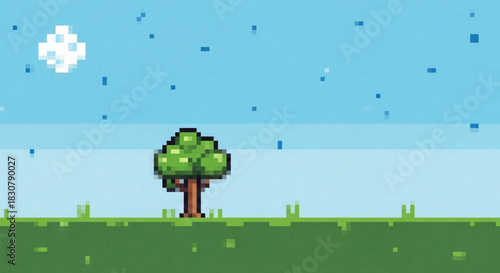 Pixel art night landscape featuring a single green tree on a grassy field under a starry blue sky, perfect for retro gaming scenes