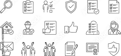 High-Quality Line Icons Collection for Quality Control, Assurance, and Approval Processes, Including Checklists, Shield Security, Real Estate Inspection, and Successful Team Achievement Symbols
