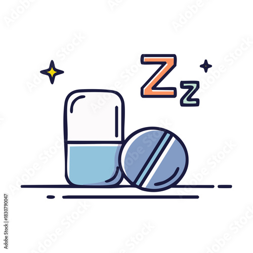 Sleep medication capsule pills Zzzz symbols stars restful night insomnia relief vector