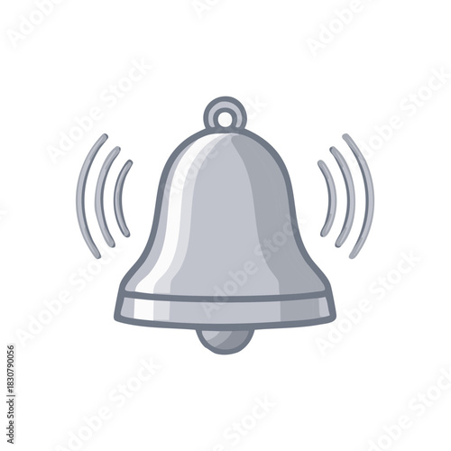 Cartoon bell ringing with sound waves, alert and notification symbol in gray scale illustration