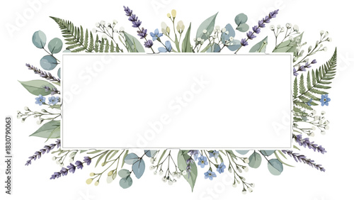 A beautiful watercolor botanical frame featuring lavender, eucalyptus, fern, and wildflowers on a white background.