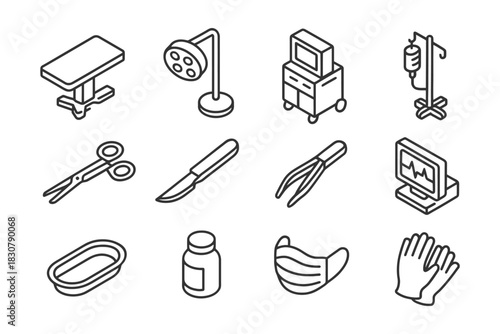 Collection of medical equipment icons including scissors syringe and monitor.