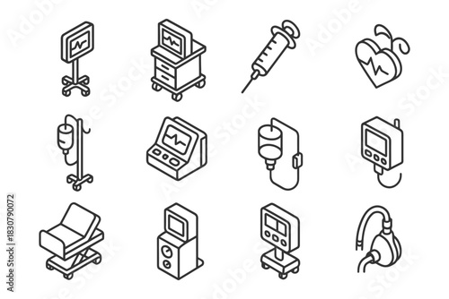 Isometric medical icons set: heart monitor, syringe, iv, equipment.