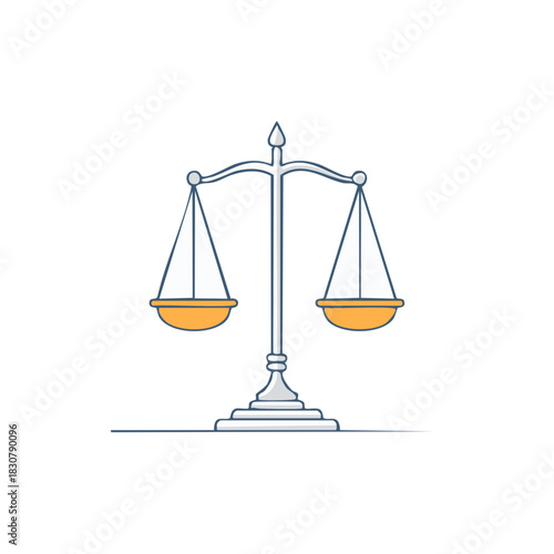 Classic balance scale with two empty golden pans representing justice equity and fair decision making in a clean line art style.
