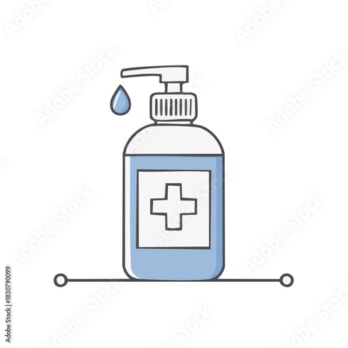 Hand sanitizer in a dispenser with plus sign for disinfection and hygiene against germs