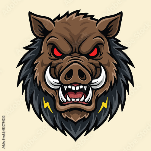 Wallpaper Mural Aggressive wild boar head mascot with red eyes and sharp tusks, featuring a stylized design and lightning bolt details. Torontodigital.ca