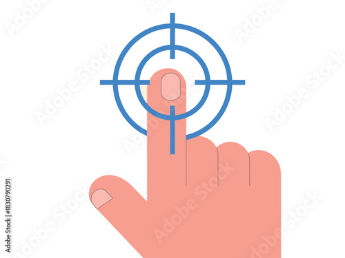 A fingertip presses a button within a targeting reticle, symbolizing focus and precision.