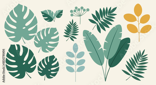 Diverse collection of stylized tropical leaves and botanical elements in a soft, earthy color palette.