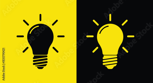 Bright ideas illuminated with contrasting light bulbs on yellow and black backgrounds