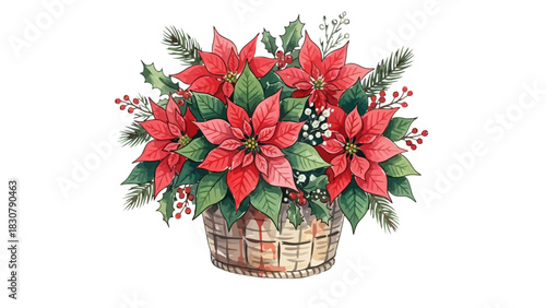 Watercolor illustration of a basket filled with vibrant red poinsettias and lush green foliage, perfect for the holidays.