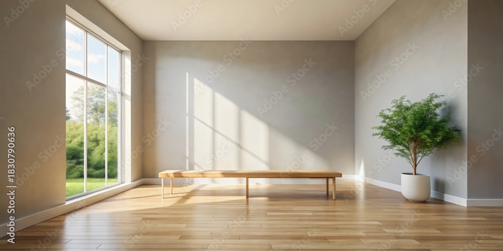Fototapeta premium Serene Minimalist Room with Sunlight Streaming Through Large Window and Simple Wooden Bench