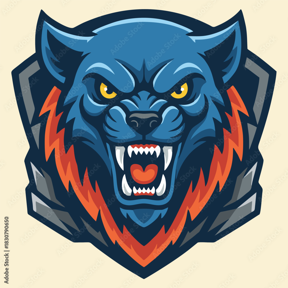 Fototapeta premium Aggressive blue wolf head mascot with snarling expression and sharp teeth, depicted in a bold graphic style.