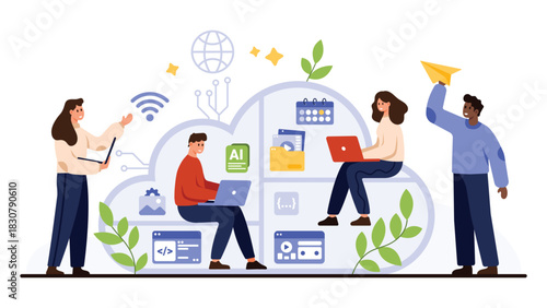 Teamwork with laptops and digital devices around cloud storage, sharing files, managing schedules, and online workspace tools for productivity and remote work, isolated on white background vector