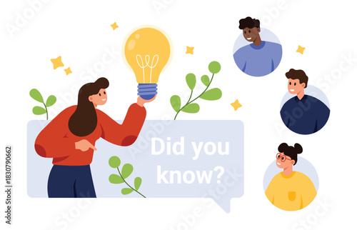 Woman holding lightbulb with did you know text, surrounded by people, symbolizing sharing information, learning, and communication, isolated on white background vector illustration