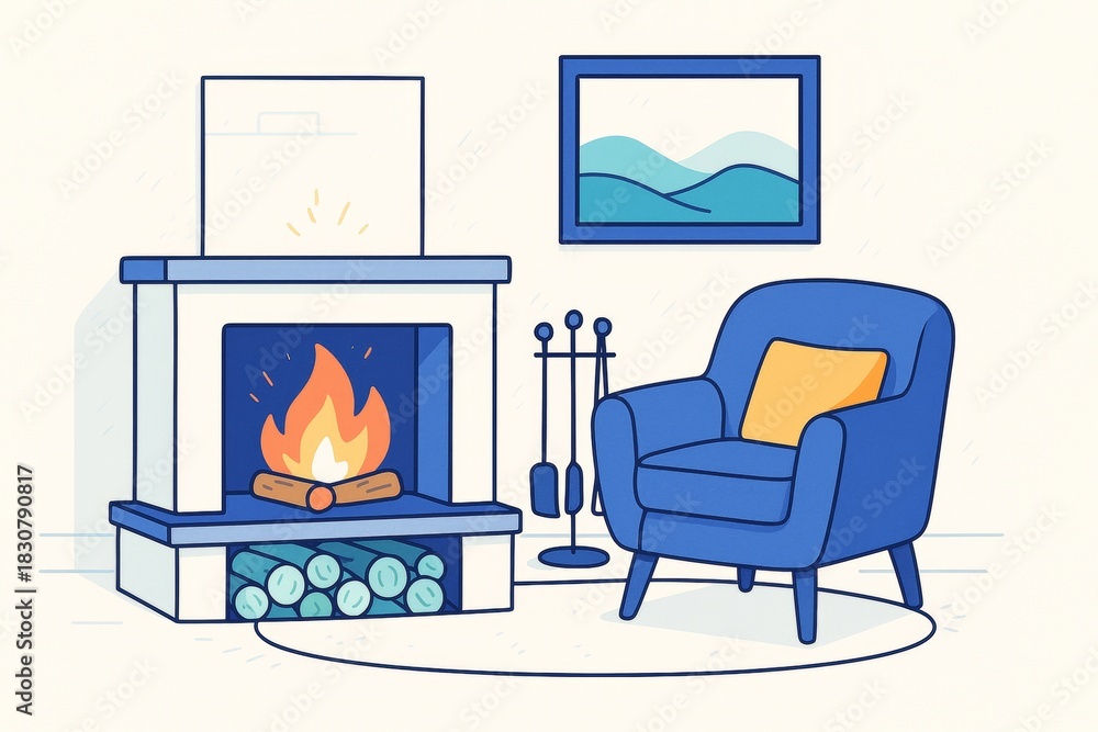 Naklejka premium Cozy living room interior with blue armchair and fireplace, warm flame and abstract wall art on light background in soft illustration style. Ai generative
