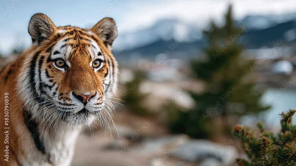 Obraz premium This striking close-up captures a majestic tiger gazing curiously, showcasing its brilliant fur patterns and powerful presence in a serene natural setting.