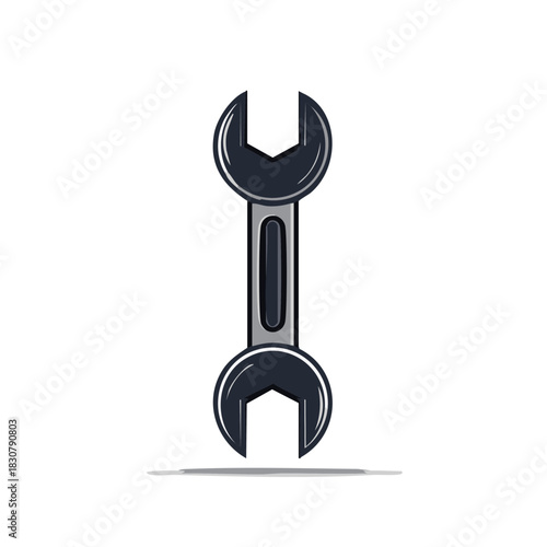 Open-end wrench tool with polished metal surface and dark grey handles on white background
