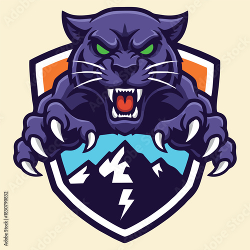 A fierce black panther mascot with green eyes and sharp claws, emerging from a shield emblem featuring mountains and a lightning bolt.
