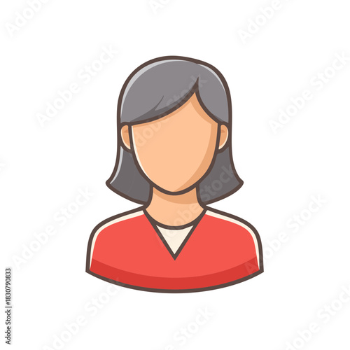 Faceless woman avatar icon with grey hair and red top. Anonymous female user profile illustration.
