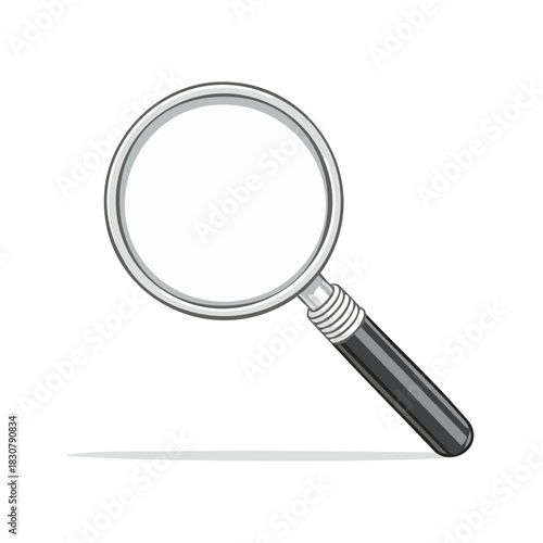 Magnifying glass illustration with silver frame and black handle for search and investigation.