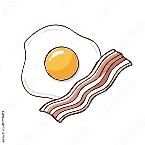 Simple cartoon illustration of a fried egg and crispy bacon strips for breakfast