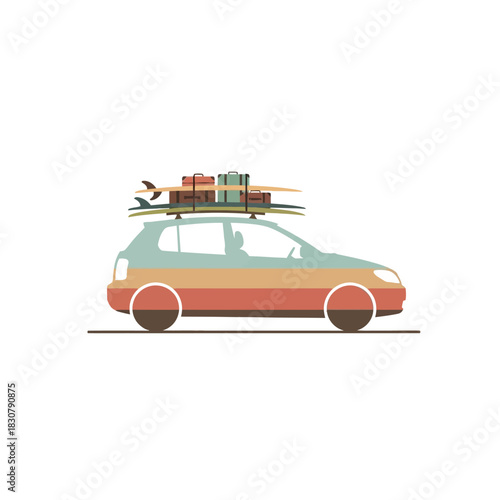 A retro-colored car loaded with surfboards and luggage on the roof rack, ready for a summer road trip adventure