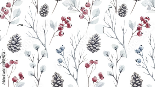 Seamless watercolor pattern of winter botanicals with red and blue berries, pinecones, and bare branches on a white background.