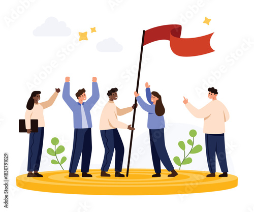 Group of diverse people celebrating success together, raising a red flag on a podium, teamwork and victory concept, isolated on white background vector illustration