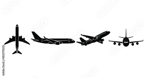 Diverse perspectives of a sleek passenger jet, showcasing its design from various angles.