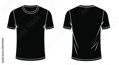 Classic black t-shirt viewed from front and back, isolated on white background
