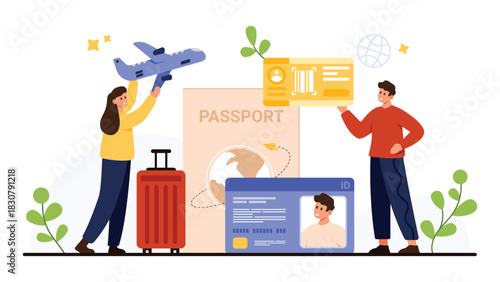 Travel essentials including passport, ID card, boarding pass, suitcase, and airplane symbolizing international journey preparation, personal identification, and secure border crossing isolated on
