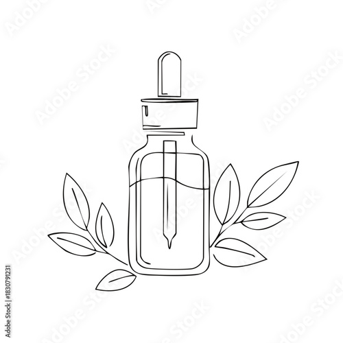 Minimalist line art drawing of a dropper bottle with natural plant leaves for organic beauty serum