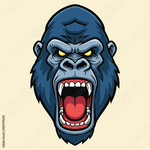 Detailed illustration of an angry blue gorilla head roaring with yellow eyes and sharp fangs.