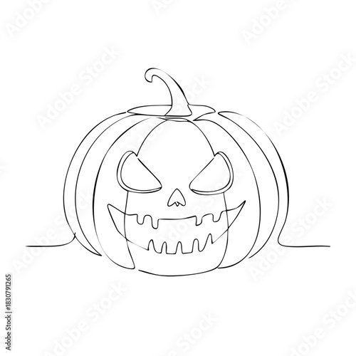 Spooky Halloween Jack o Lantern Line Art Illustration with Evil Eyes and Toothy Grin in a Single Continuous Stroke
