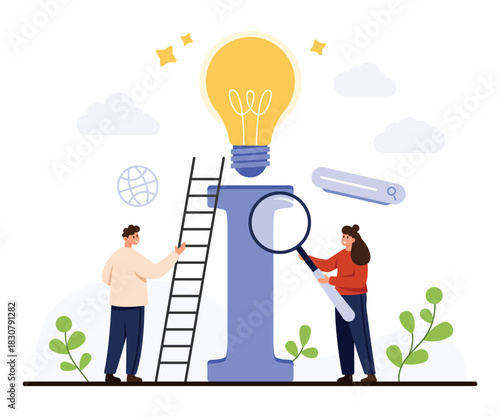 People exploring information with magnifying glass and ladder, large letter I symbolizing knowledge, glowing light bulb for ideas, digital search icons, isolated on white background vector