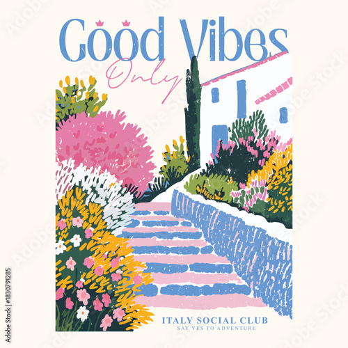 Vintage hand drawn sketch of Amalfi Coast Italy for t-shirt print. Summer vacation vector illustration with typography. European travel artwork with typography, holidays outdoor artwork for t shirt