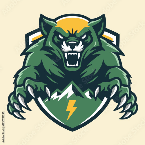 Aggressive green bear mascot with sharp claws and teeth, roaring over a shield featuring mountains and a lightning bolt.
