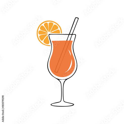 Tropical orange cocktail in hurricane glass with orange slice and straw