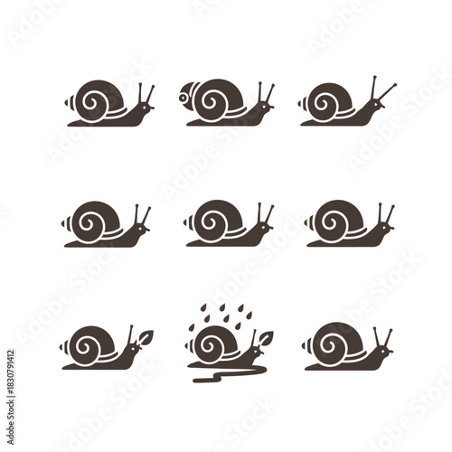 Minimalist set of nine snail icons showing movement, rain, and different shell angles in brown silhouette.