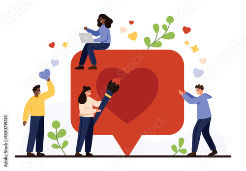 Group of diverse people interacting with a large red like icon, heart symbol, and colorful decorative elements, representing online engagement and social media vector illustration