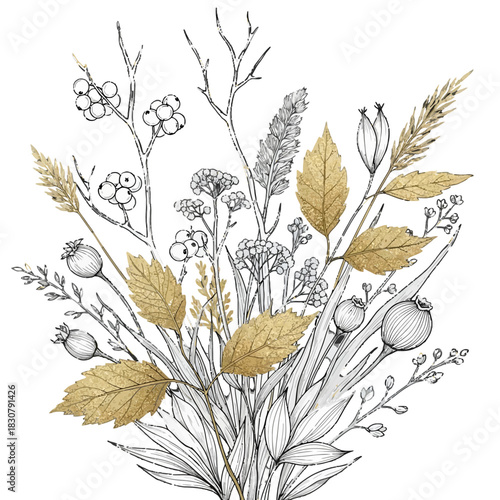 Elegant botanical illustration featuring a detailed arrangement of various plants and golden leaves.