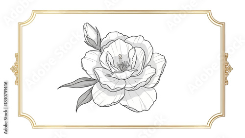 Elegant floral drawing of a blooming flower with a bud and leaves, framed in gold.