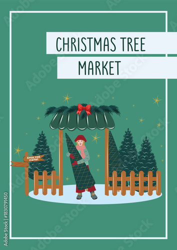Winter holiday vector card with a woman buying a wrapped Christmas tree in the tree farm or market. Festive outdoor scene. Perfect for seasonal banners, posters and greeting designs.