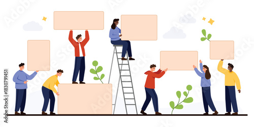 Group of diverse people holding blank posters and signs, standing and sitting on ladders, teamwork and communication concept, isolated on white background vector illustration