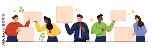 Group of diverse people standing together holding blank posters for messages, announcements, or presentations, isolated on white background vector illustration