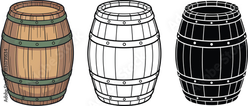 wooden wine barrel silhouette & Outline and illustration set isolated on transparent background